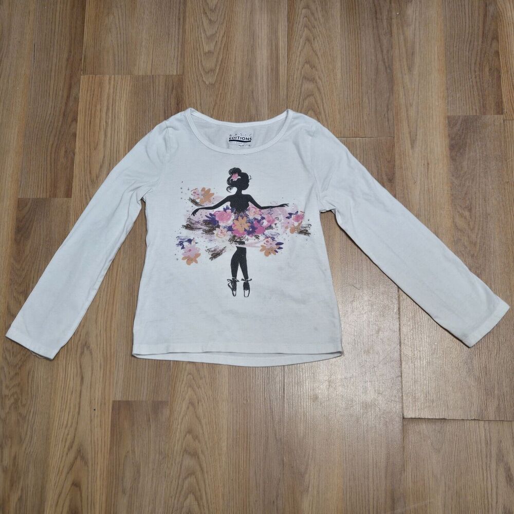 Basic Editions White Long Sleeve Floral Studded Tutu Ballerina Shirt Size M 7-8